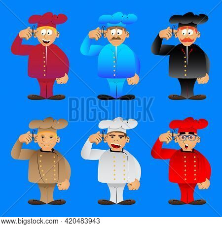 Fat Male Cartoon Chef In Uniform Shows A You're Nuts Gesture By Twisting His Finger Around His Templ