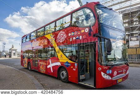 Copenhagen, Denmark - Oct 19, 2018: Red Double Decker Official City Sightseeing Tour Bus Operated By