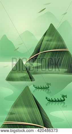 Dragon Boat Festival with rice dumpling mountain and dragon boat on oriental tranquil scene. Vertical banner.
