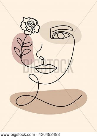 Boho Women Faces On Abstract Wall Art Vector. Surreal Portraits Set, Girl Face With Leaves In Line S