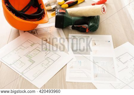 Different Tools On A Wooden Background. Instruments.