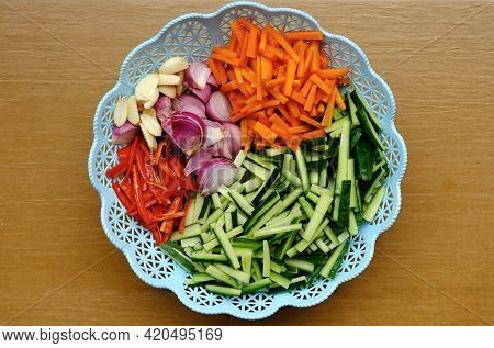 A Flatlay Picture Of Ingredient And Vegetable To. Acar Is A Type Of Vegetable Pickle Of Maritime Sou