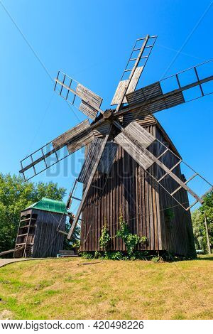 Old Wooden Windmills In Pyrohiv (pirogovo) Village Near Kiev, Ukraine