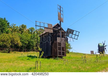Old Wooden Windmills In Pyrohiv (pirogovo) Village Near Kiev, Ukraine