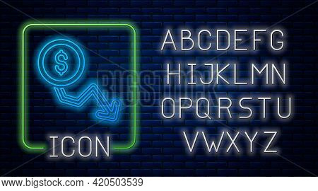 Glowing Neon Dollar Rate Decrease Icon Isolated On Brick Wall Background. Cost Reduction. Money Symb