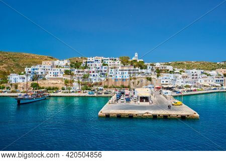 Adamantas Adamas harbor town of Milos island. Milos, Greece view from sea