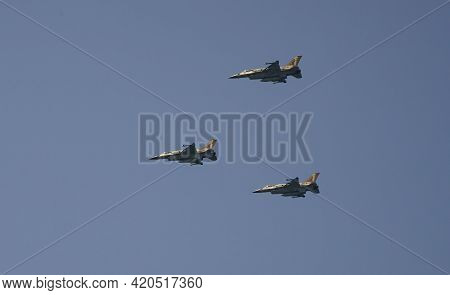 Tel Aviv, Israel - April 15th, 2021: Three F-16 Israeli Fighter Planes On The Israeli Air Force Airs