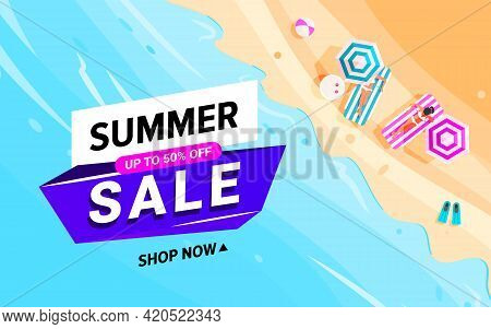 Trendy Colorful Summer Sale Banner Beach Waves Background With Tropical Beach, Little People, Umbrel