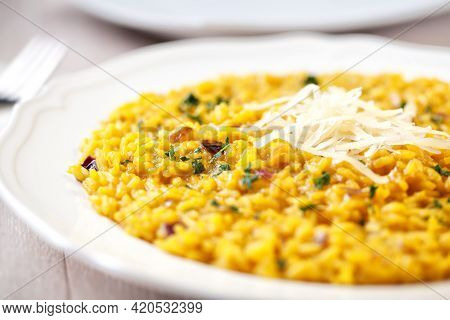 Dish Of Delicious Saffron Risotto, Italian Food