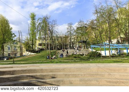 Moscow, Russia - 08 May, 2021, Sports Playground In The Area Of Ivanovskaya Gorka Opposite The Synag