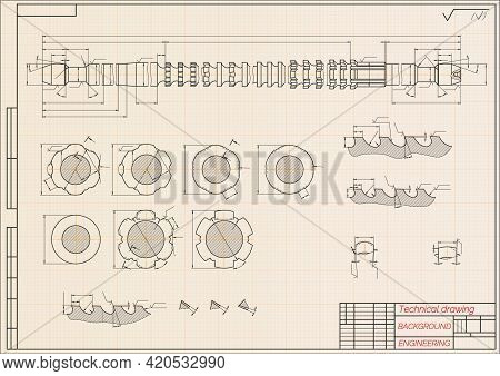 Mechanical Engineering Drawings On Blue Background. Broach. Technical Design. Cover. Blueprint. Vect