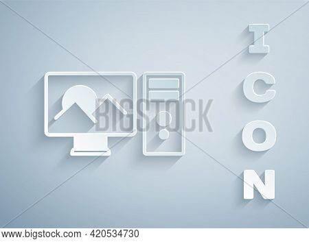 Paper Cut Photo Retouching Icon Isolated On Grey Background. Photographer, Photography, Retouch Icon