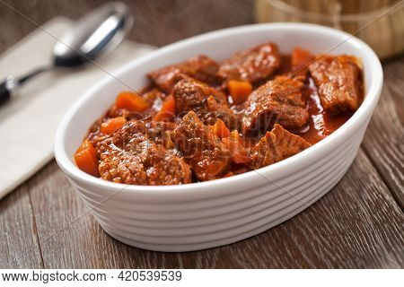 Hot Beef Stew On A Plate. High Quality Photo.