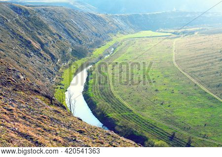 Otheiul Vechi Nature Reserve In Moldova . Panoramic View Of Raut River Valey  Between Villages Trebu