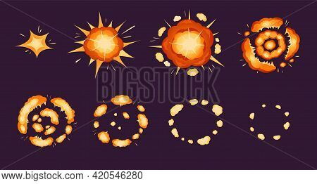 Explosion Animation. Cartoon Bomb Exploding Effect With Smoke And Particles. Fire Blast Frames, Comi