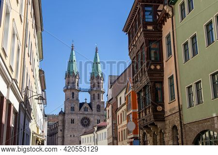 Street With Historic House Facades And View To The Town Church In Meiningen, Thuringia