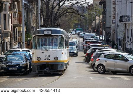 Bucharest, Romania - April 05, 2021: An Old Tatra T4 Tram Produced By The Czech Manufacturer Ckd Tat