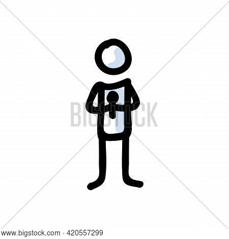 Hand Drawn Stick Figure Holding Microphone. Concept Of Public Speaking Performer. Simple Icon Motif 
