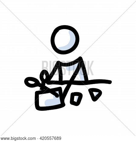 Hand Drawn Stick Figure With Scissors. Paper Cutting Concept. Simple Icon Motif For Arts And Crafts 