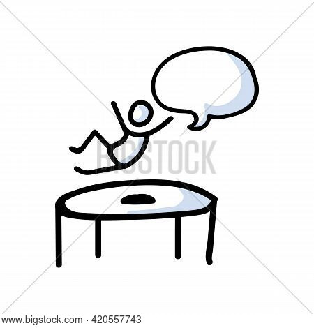 Hand Drawn Stick Figure Jumping On Trampoline. Concept Physical Exercise. Simple Icon Motif For Trap