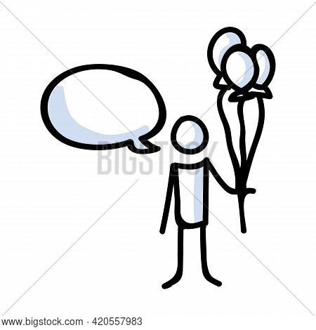 Hand Drawn Stick Figure Holding Balloon Bouquet. Concept Of Floating Party Decoration. Simple Icon M