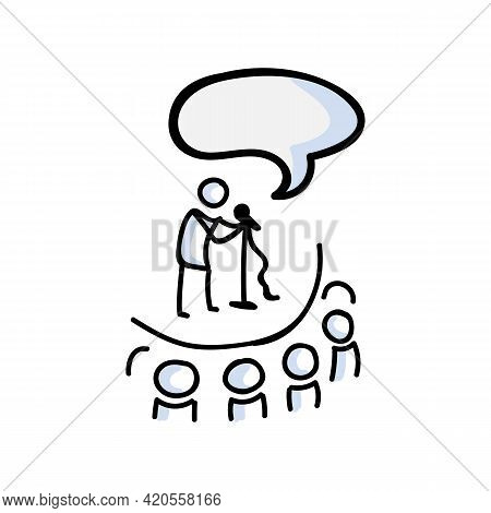 Hand Drawn Stick Figure Comedy Performer On Stage. Concept Of Theatre Audience Actor. Simple Icon Mo
