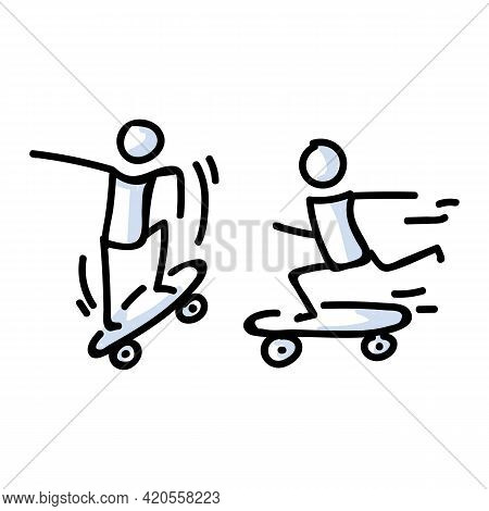 Hand Drawn Two Stick Figure Riders On Skateboard. Concept Of Stunt Sport Activity. Simple Icon Motif