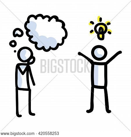 Hand Drawn Thinking Stick Figure With Idea. Concept Of Inspiration Lightbulb Thought Expression. Sim