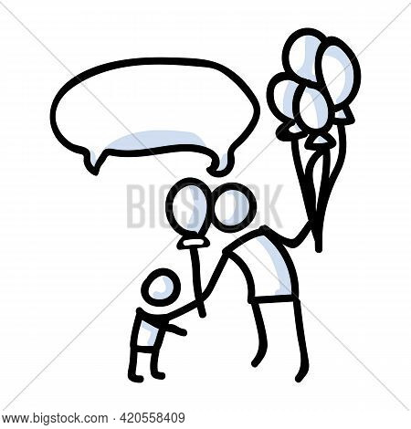 Hand Drawn Stick Figure Giving Balloon To Child. Concept Of Floating Party Decoration. Simple Icon M