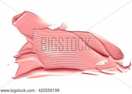 Coral Beauty Cosmetic Texture Isolated On White Background, Smudged Makeup Emulsion Cream Smear Or F