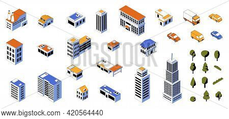 Isometric City Kit. 3d Buildings Low Poly Constructor With Cars And Modern Architecture. Business An