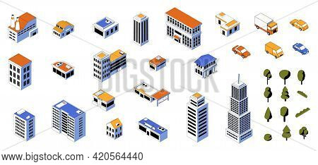 Isometric City Kit. 3d Buildings Low Poly Constructor With Cars And Modern Architecture. Business An