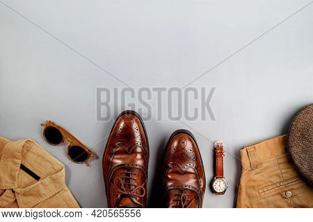 Men Clothes, Father Day Concept. Vintage Style. Flat Lay On Light Grey Background.included Wingtips 