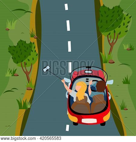 People Travel By Car And Take Selfies Along The Way. Travel Concept By Car. Active Rest On Your Own 