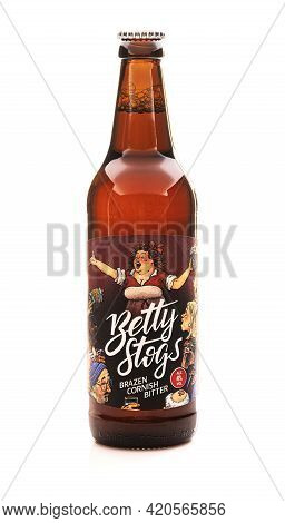 Swindon, Uk - May 16, 2021: Bottle Of Betty Stogs Brazen Cornish Bitter On A White Background