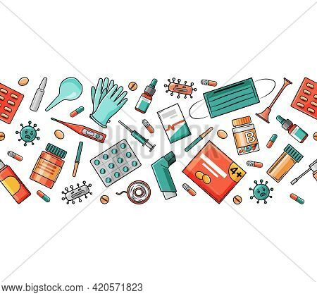 Medicines, Pills, Mask, Glove And Thermometer In The Style Of Kartun. Seamless Border Of Medical Ele