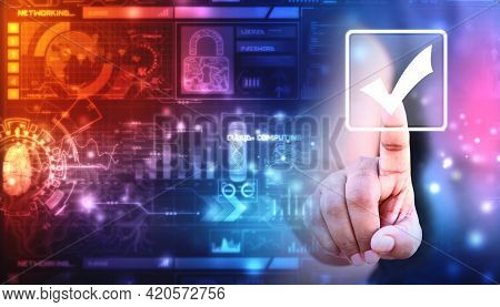 Check Mark Symbol In Digital Background, Technology Abstract Background, Business Women Touching Che