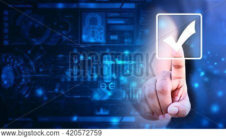 Check Mark Symbol In Digital Background, Technology Abstract Background, Business Women Touching Che