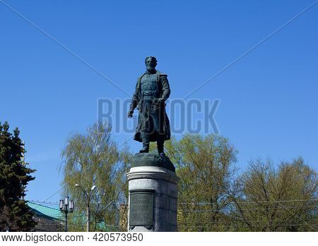 Tver, Russia, May 2021: Monument To Afanasy Nikitin On The Volga River In Tver.
