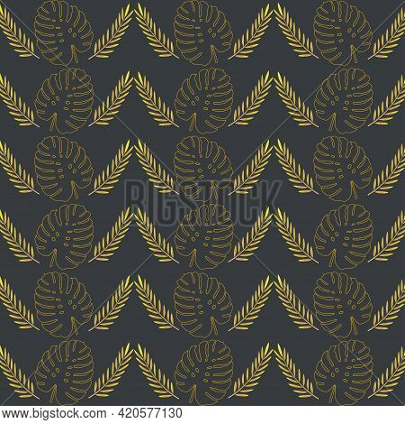 Vector Seamless Pattern With Golden Tropical Monstera And Palm Leaves On A Dark Background.