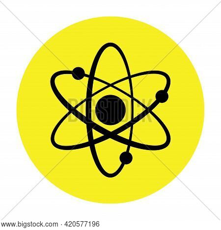 Atom Icon In Flat Design. Molecular Sign On Yellow Background. Atom Science Orbit Outline Symbol Vec