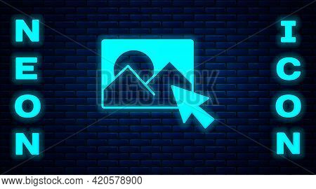 Glowing Neon Photo Retouching Icon Isolated On Brick Wall Background. Photographer, Photography, Ret
