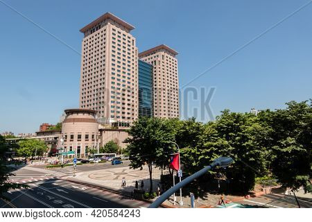 Banqiao, Taiwan - Oct 4th, 2020: modern towers of Banqiao train station under blue sky in New Taipei city, Taiwan