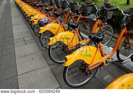 New Taipei city, Taiwan - Jum 14th, 2020: Ubike, a bike sharing system service used by citizens as short-distance transit vehicles at street in New Taipei city, Taiwan