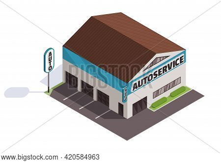 Isometric Auto Service. Car Service Top View Concept. Repair Service Template With Garage Doors. Mod