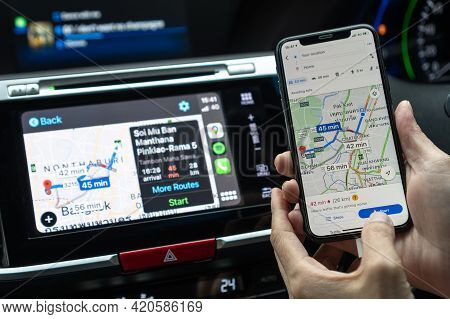 Bangkok, Thailand-27 October, 2020: Google Maps App With Apple Carplay On Car Screen Dashboard And I