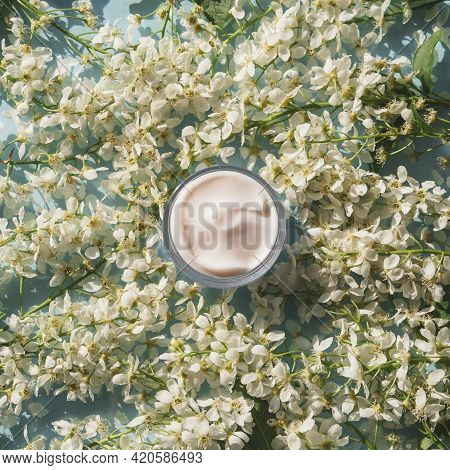 Cosmetic Cream Jar On The Background Of White Small Spring Flowers Of Byttneria. Natural Organic Cos