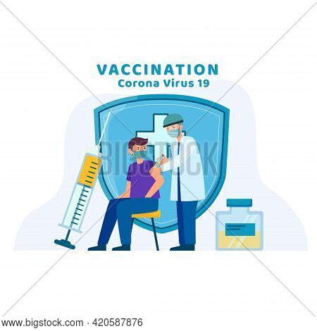 Doctor With Big Syringe And Vaccine Prevents Spread Of Terrible Coronavirus. Vaccination. Concept Me