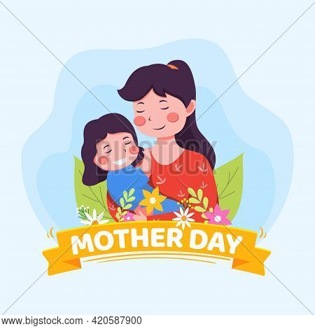 Vector Illustration Of Mother Holding Baby Son In Arms. Happy Mother Day Greeting Card.