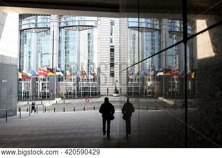 Eu Flags Outside European Parliament, Brussels, Belgium - 02 Mar 2011